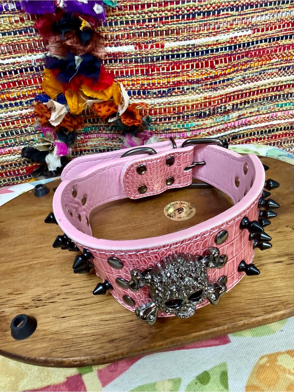 Pink Studded Skull Wide Dog Collar with Spike Accent